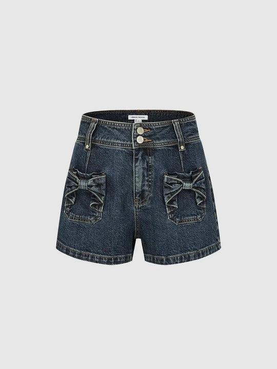 Cotton Stretch Ruffle Patch Pocket Denim Shorts