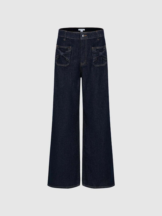 Bow-pocket Wide-leg Stretch Denim Jeans
