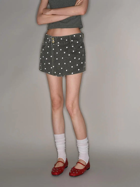High Waist Polka Dot Cotton Denim Button Pocket Casual Skort