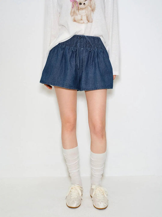 Smocked Waist Drawstring Boxy Cotton Shorts
