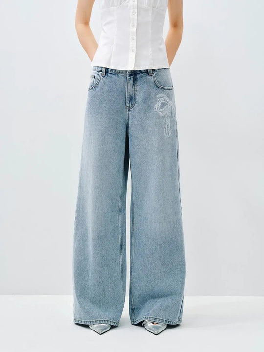 Embroidered Floral Wide-leg Cotton Jeans