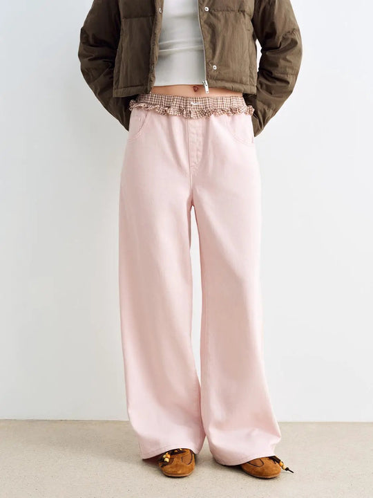Pantalon large taille haute à ceinture à volants et motif à carreaux