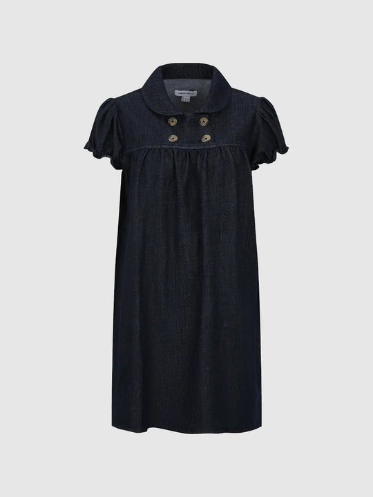 Double Breasted Button Front Puff Sleeve Cotton Denim Dress