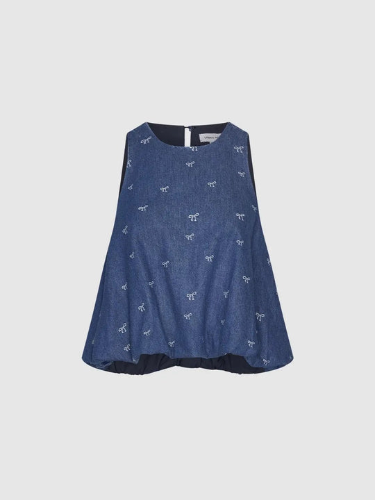 Round Neck Sleeveless Bow Print Cotton Denim Shirt