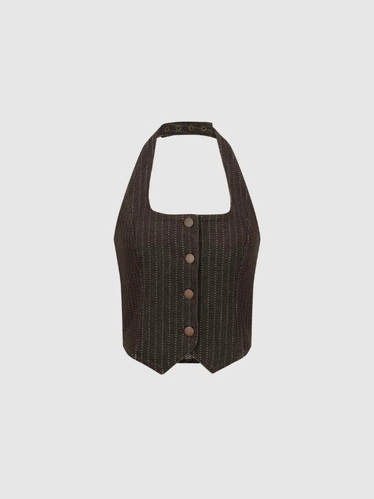 Striped Cotton Blend Square Neck Button Vest