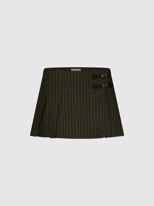 Striped Pleated Buckle Cotton Blend Skirt