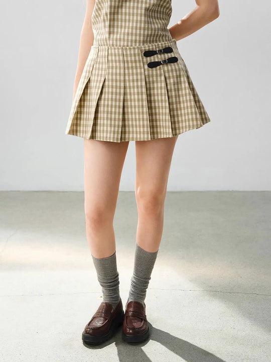 Jupe courte plissée à carreaux, boucle et taille mi-haute en coton