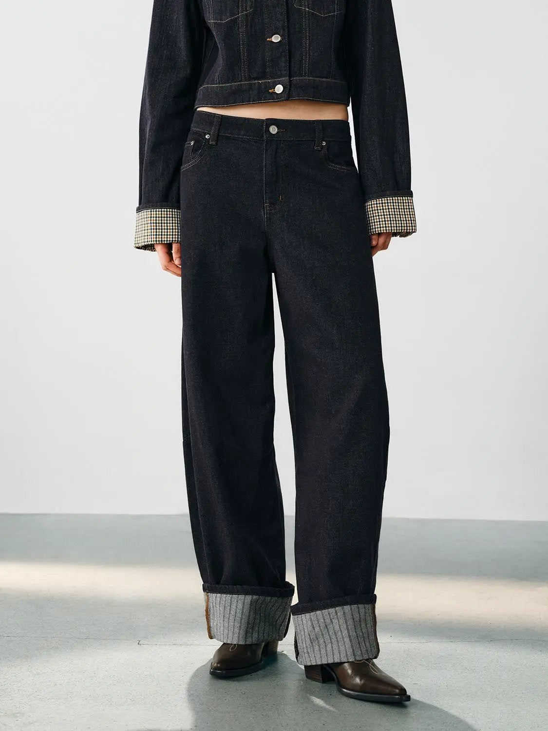 Jeans by Urban Revivo Fashion, dark indigo denim with wide-leg silhouette and cuffed hems.