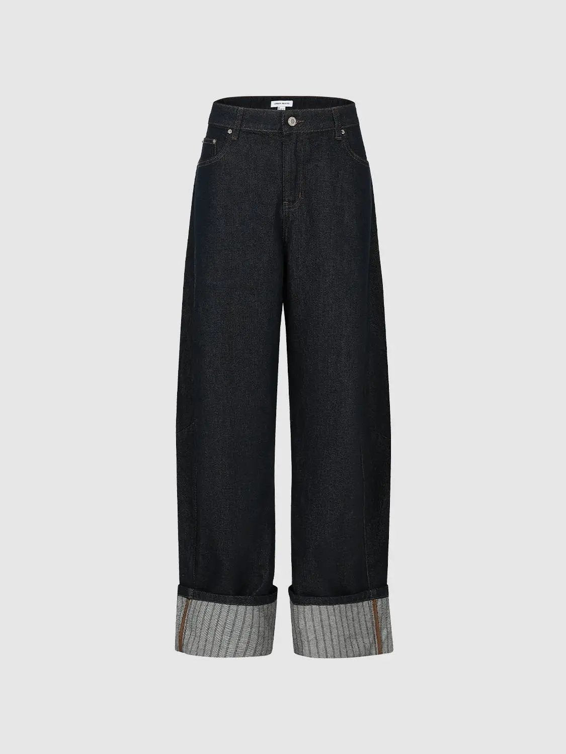 Jeans by Urban Revivo Fashion in dark indigo denim, wide-leg fit with rolled cuffs exposing striped grey interior.