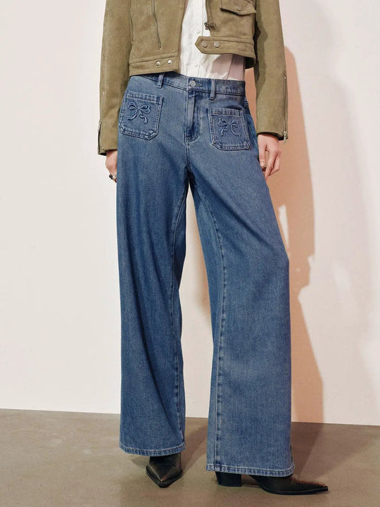 Wide-Leg-Jeans aus Baumwollmischung mit Schleifenstickerei