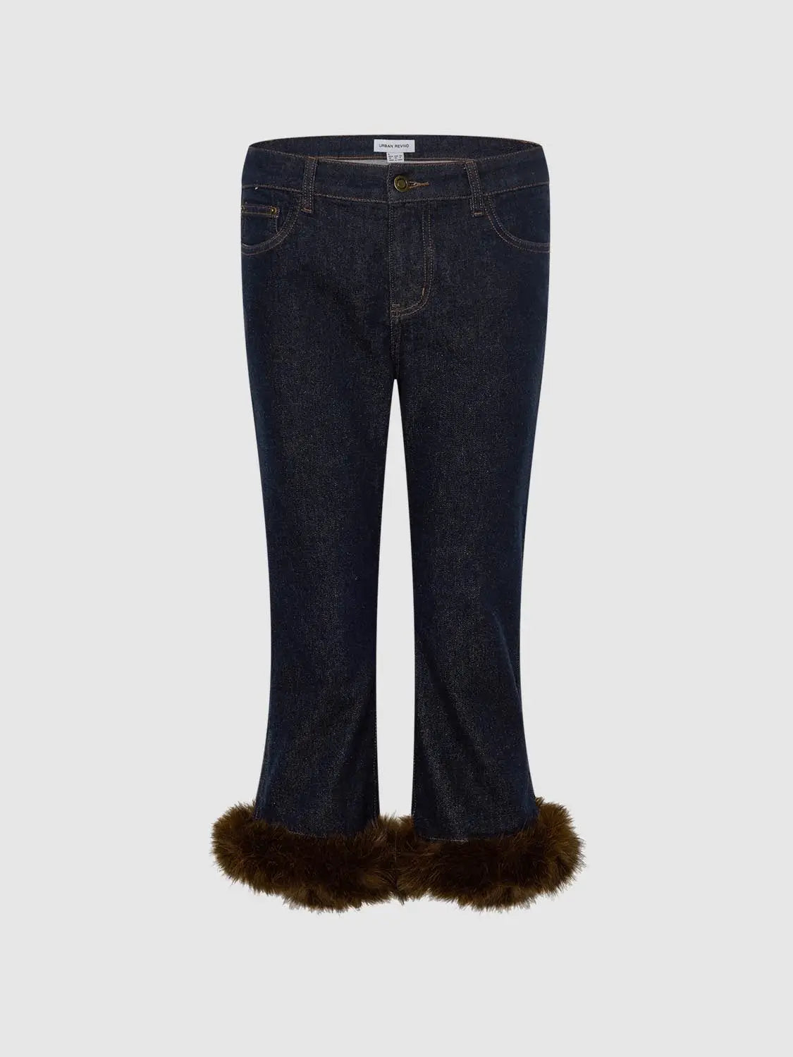 Jeans in dark denim with brown fur-trimmed hems, Urban Revivo Fashion