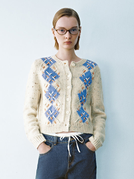 Argyle Printed Crew Neck Knitted Cardigan