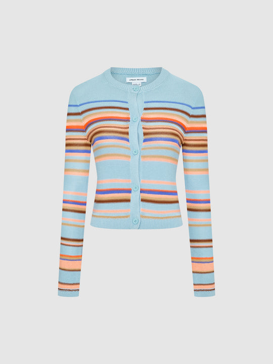 Striped Crew Neck Skinny Knitted Cardigan