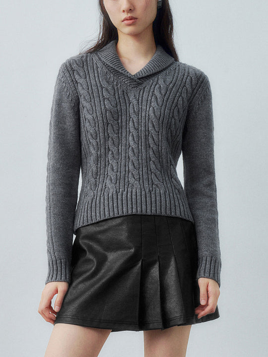 Kabelgestrickte Schalkragen-Strick-T-Shirts