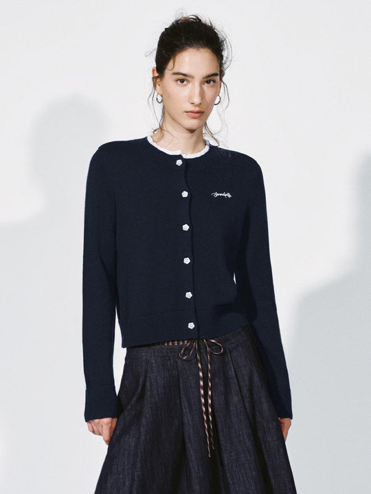 Contrast Trim Embroidered Knitted Cardigans