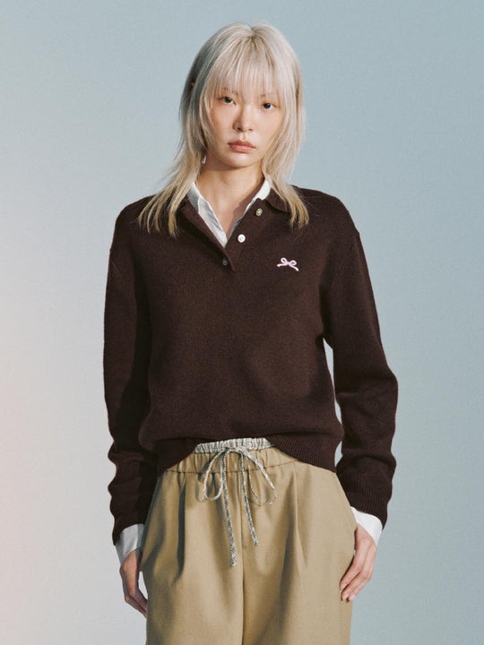 Bow Embroidered Polo Neck Long Sleeve Knitted T-Shirts