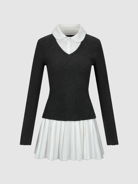 2 In 1 Polo Neck Knitted Pleated Mini Dresses