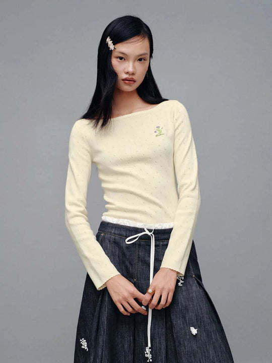 T-shirts à manches longues en maille, col bateau, coupe skinny