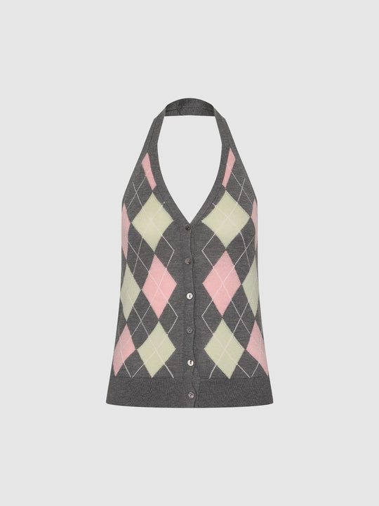 Argyle Halter Neck Sleeveless Knitted Cardigans