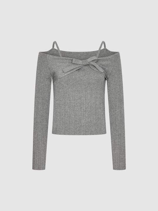 Bow Detail Off Shoulder Long Sleeve Knitted T-Shirts