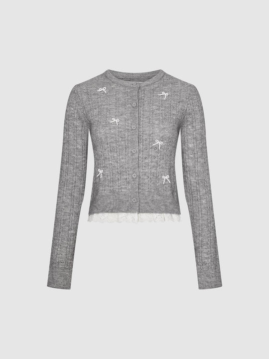 Bow Embellished Lace Hem Knitted Cardigans