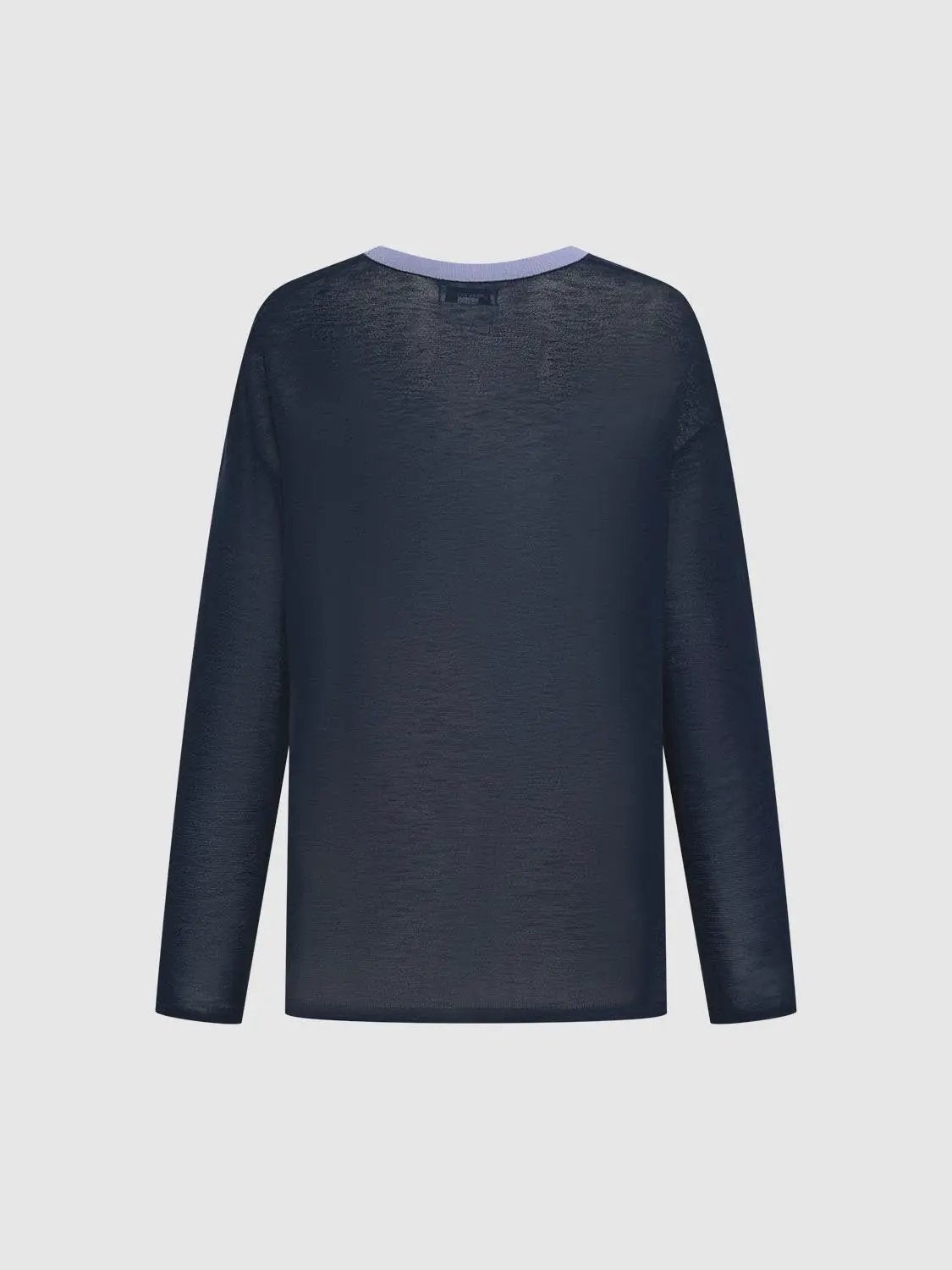 Knit T-shirt in navy with lavender neckline trim, back view