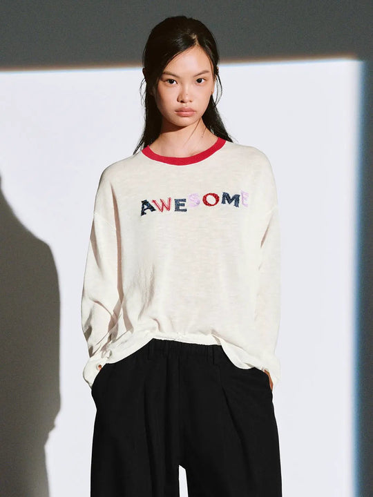 Oversized Printed Text Crew Neck Long Sleeve Knit T-shirt