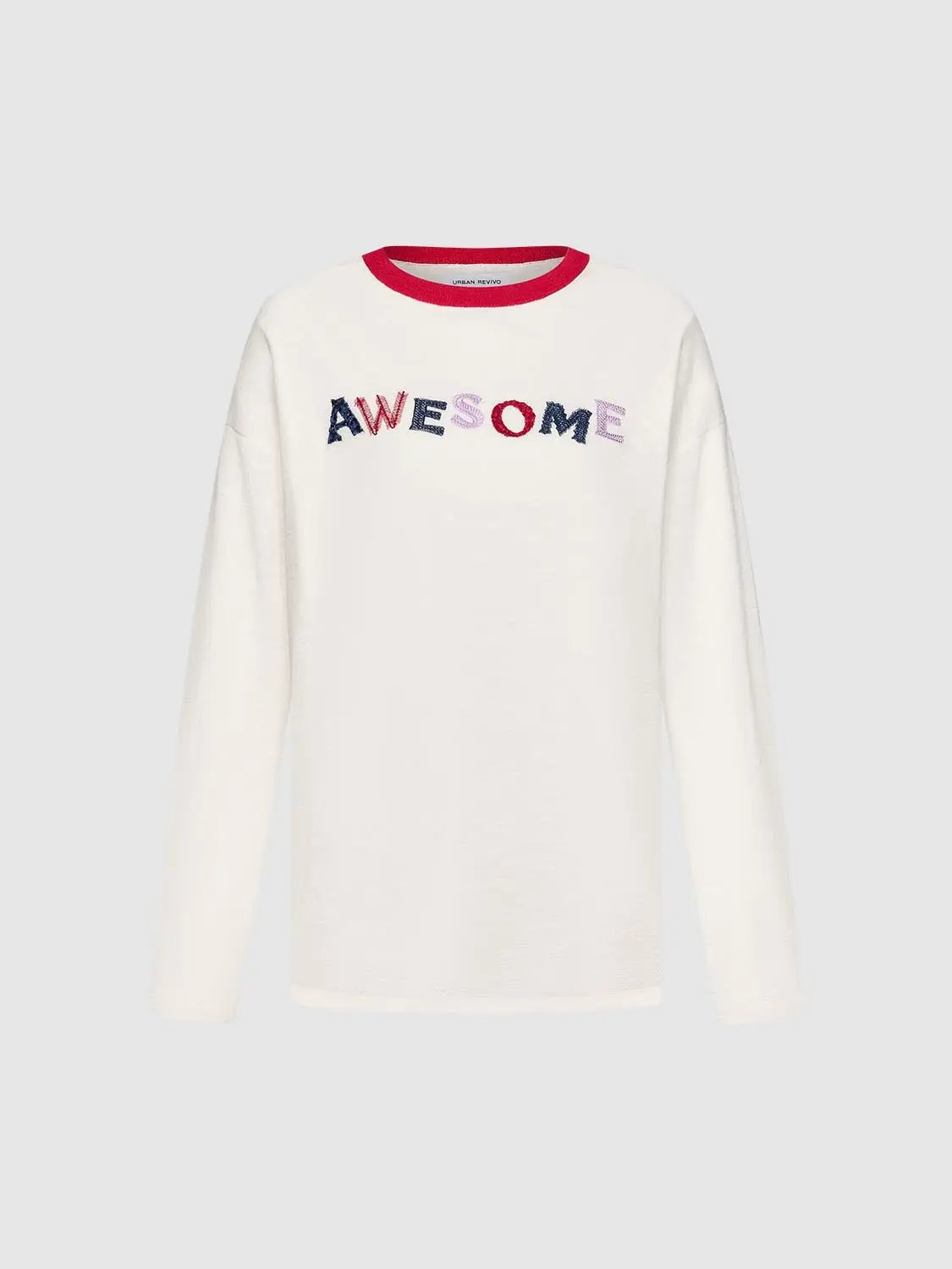Knit T-Shirt long-sleeve by Urban Revivo Fashion, white knitted top with multicolor AWESOME embroidery and red neckline.