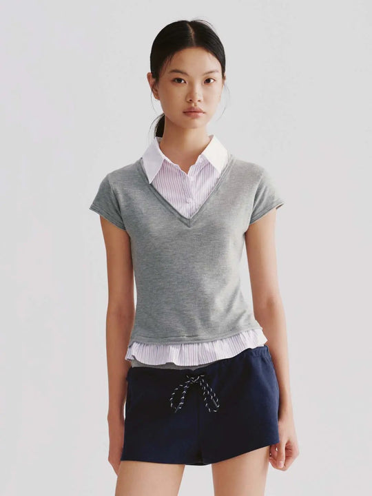 Two In One Knit Polo Neck Layered Cotton Blend Shirt
