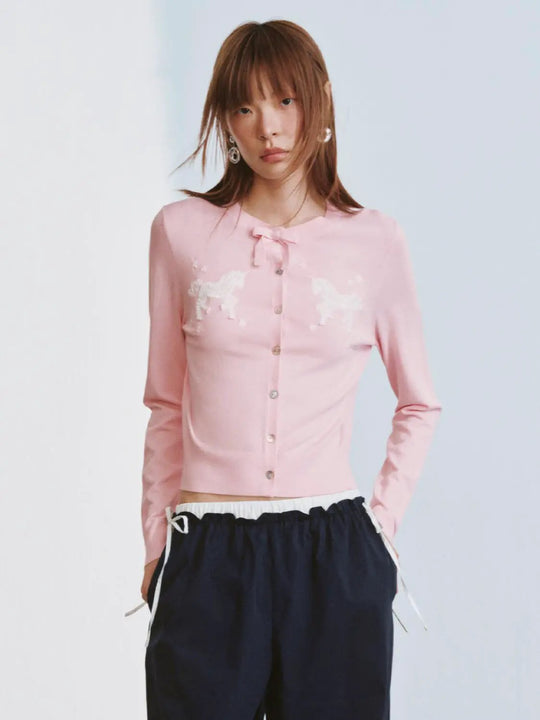 Beaded Bow Detail Crew Neck Knitted Cardigans