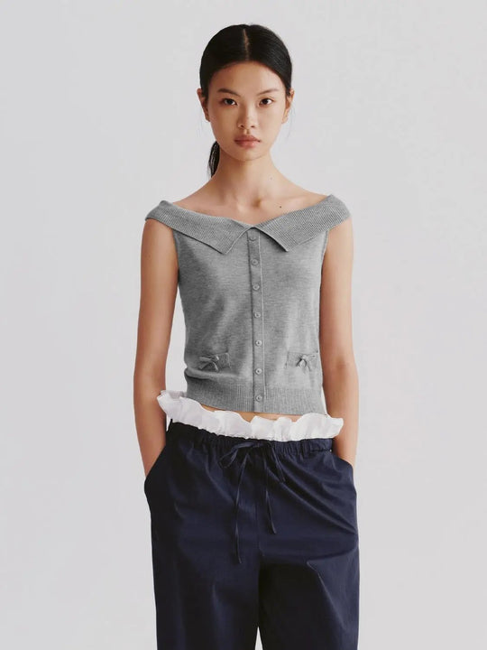 Cotton Knit Boat Neck Button Detail Sleeveless T Shirt