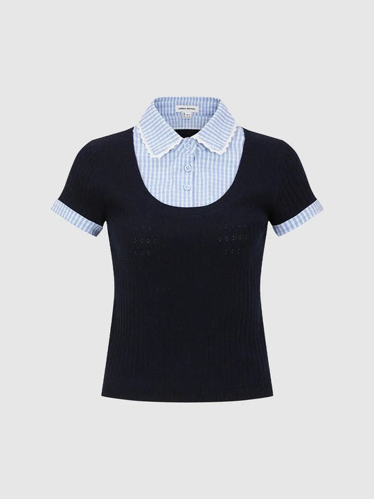 2 In 1 Contrast Check Skinny Fit Knitted T-Shirts