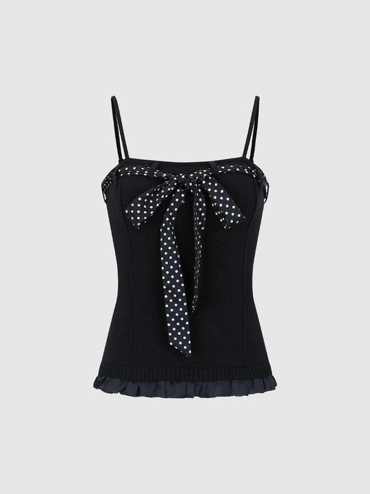 Polka Dot Ribbon Bow Knitted Ruffle Trim Tank Tops