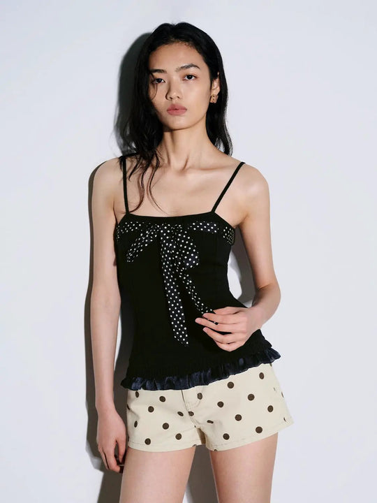 Polka Dot Ribbon Bow Knitted Ruffle Trim Tank Tops