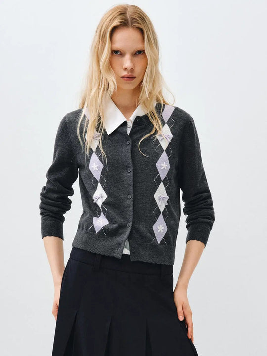 Ribbed Knit Argyle Button Front Long Sleeve Cardigan