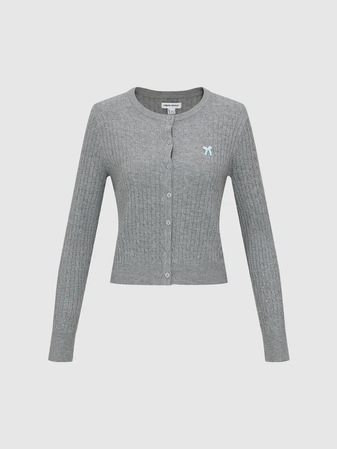 Grey knitted cardigan by Urban Revivo Fashion with ribbed texture and button-front, blue logo.