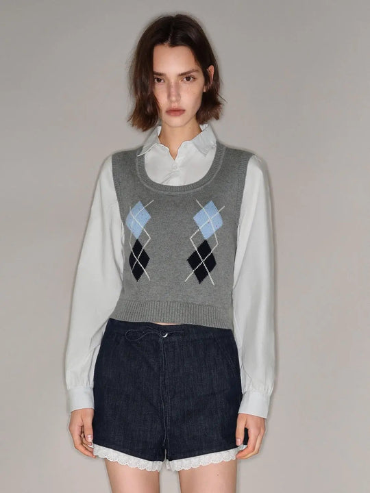Argyle Knit Cotton Textured Ribbed Hem Vest