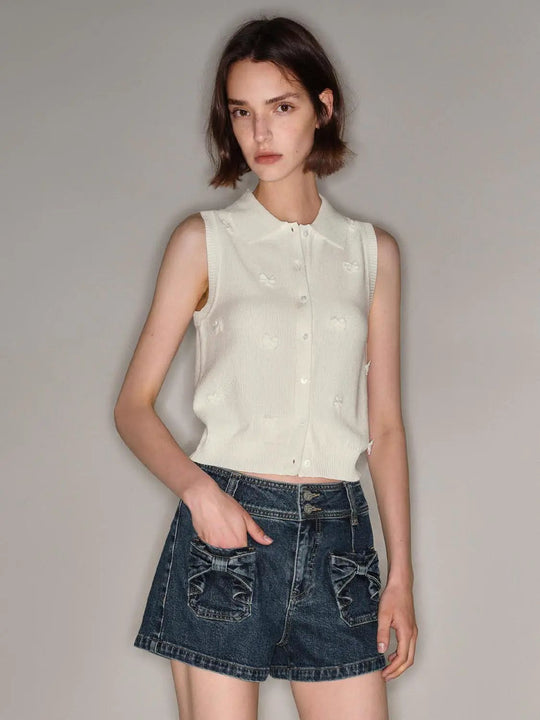 Polo Collar Ribbed Knit Sleeveless Button Front Cardigan