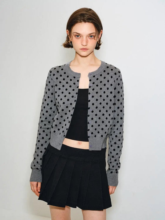 Polka Dot Ribbed Long Sleeve Crew Neck Cardigan