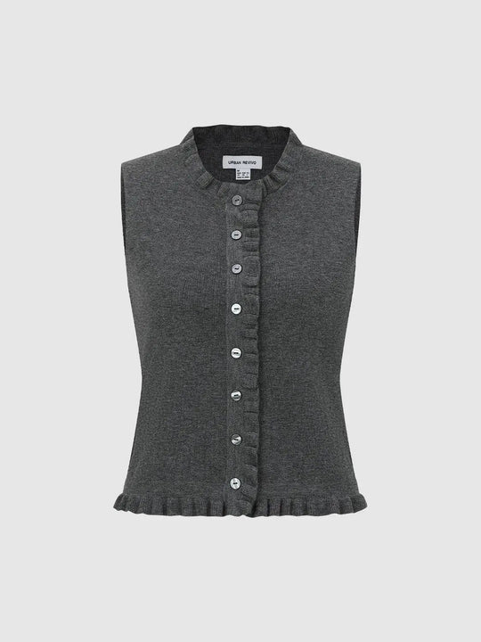 Frilled Neck And Hem Button Front Knitted Cardigan