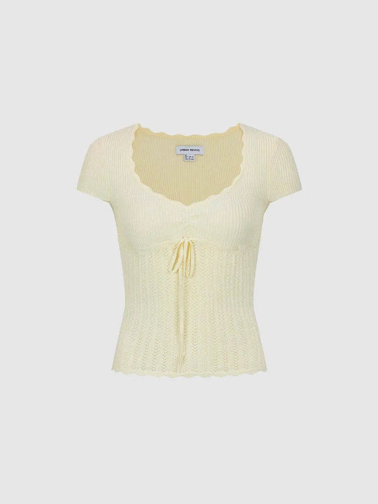 Knit Soft V-neck Scalloped Lace Lightweight Blouse