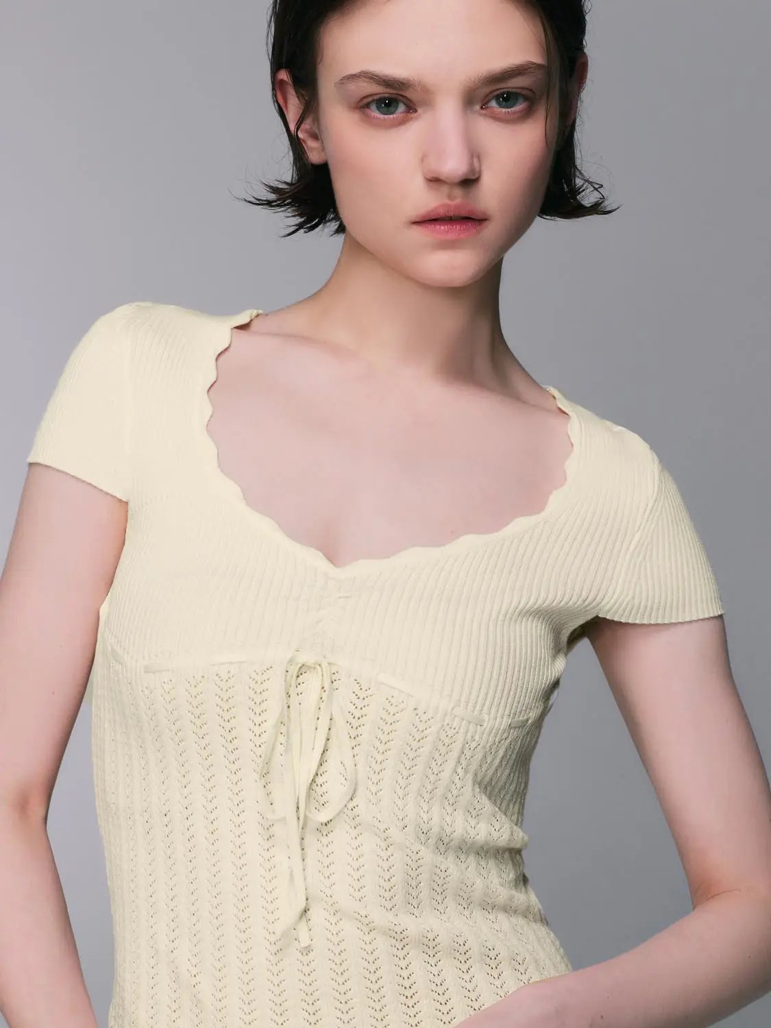 Knit Soft V-neck Scalloped Lace Lightweight Blouse, cream knit fabric, Urban Revivo Fashion
