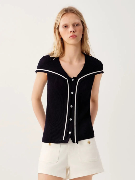 Sailor Collar Sleeveless Viscose Ribbed Knitted Cardigan