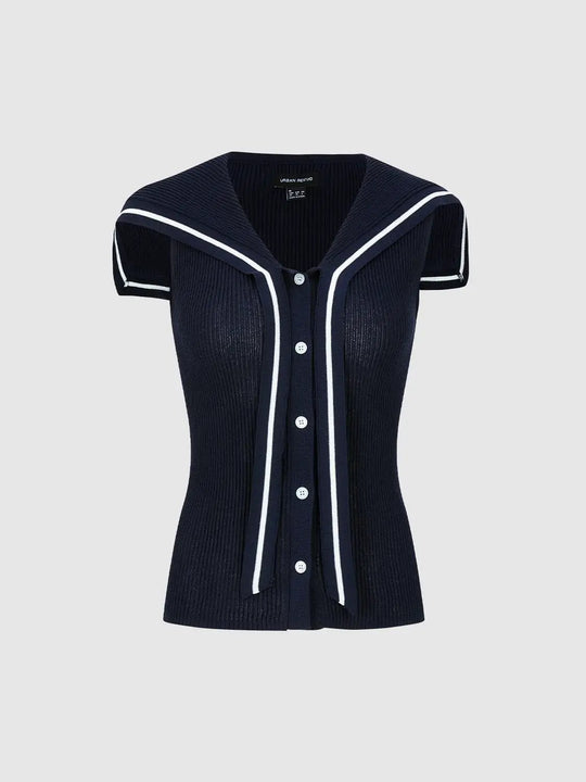Sailor Collar Sleeveless Viscose Ribbed Knitted Cardigans