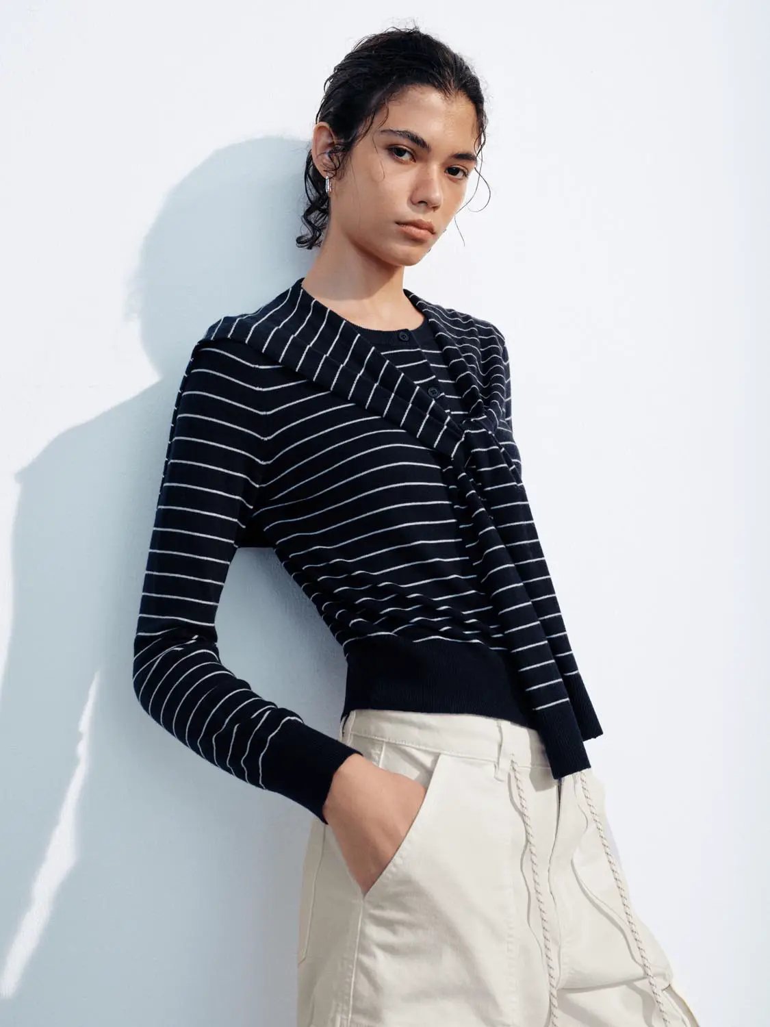 Knit Jacket, navy striped knit cardigan with white stripes, cropped fit and ribbed cuffs.