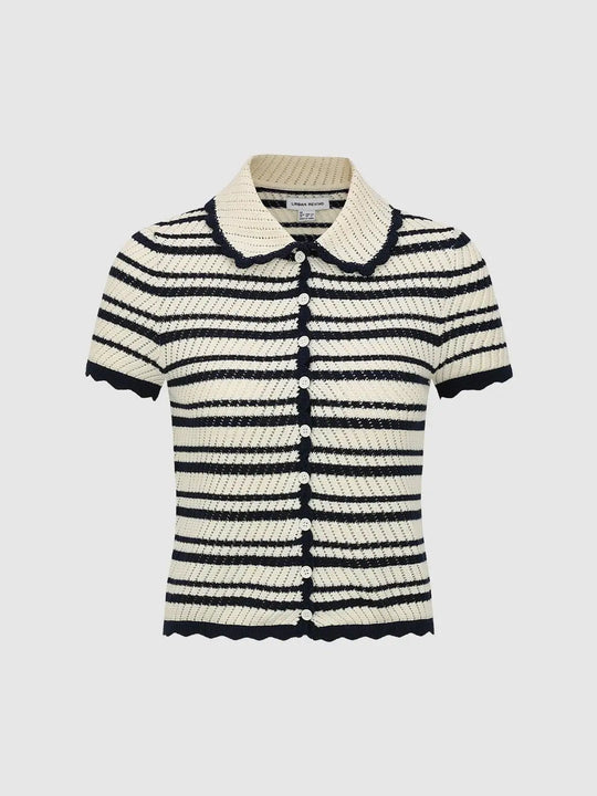 Cotton Textured Striped Collared Knitted Cardigan