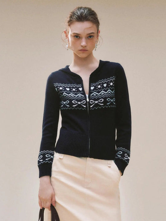 Hooded Fair Isle Pattern Long Sleeve Zip Knit Jacket