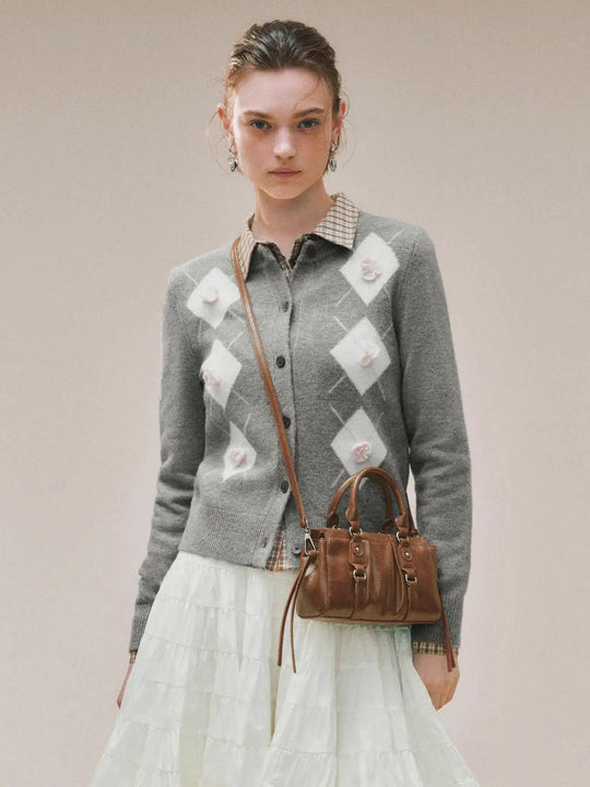 Argyle Floral Applique Knit Long Sleeve Cardigan