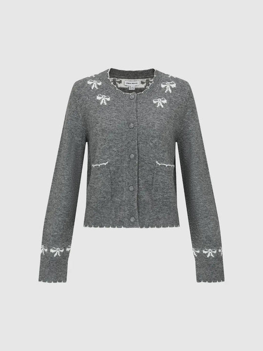 Bow Pattern Crew Neck Long Sleeve Cardigan