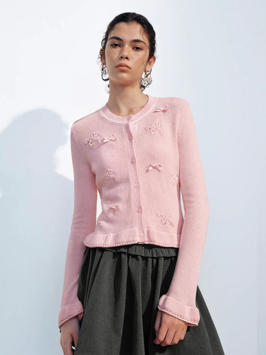 Knitted Bow Detail Crew Neck Long Sleeve Cardigan